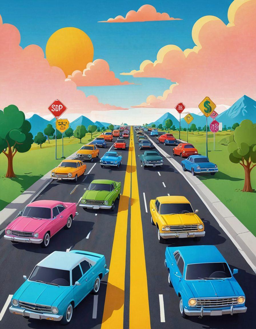 A colorful, open road stretching into the horizon with various cars showcasing their price tags, surrounded by playful icons representing savings like piggy banks and dollar signs. A bright sun shining above symbolizes optimism and new beginnings in budgeting. Include a friendly cartoon character holding a checklist of budget-friendly insurance options. vibrant colors. 3D. cartoon style.