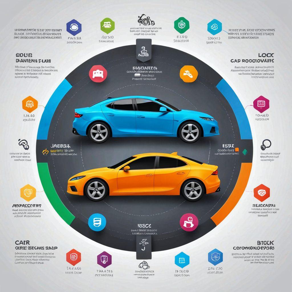 A visually engaging infographic featuring a car surrounded by icons representing various protection plans like discounts, coverage options, and key features in a clean layout. Include a bright color palette with car insurance symbols and a lock symbol to signify protection. Use a modern style with layered elements for depth. super-realistic. vibrant colors. white background.